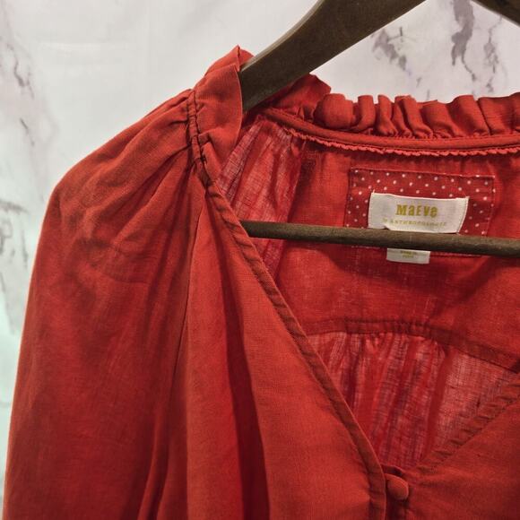 Anthropologie Shirt Womens Small Orange Popover Button Linen Maeve Peasant Audie - Picture 2 of 14